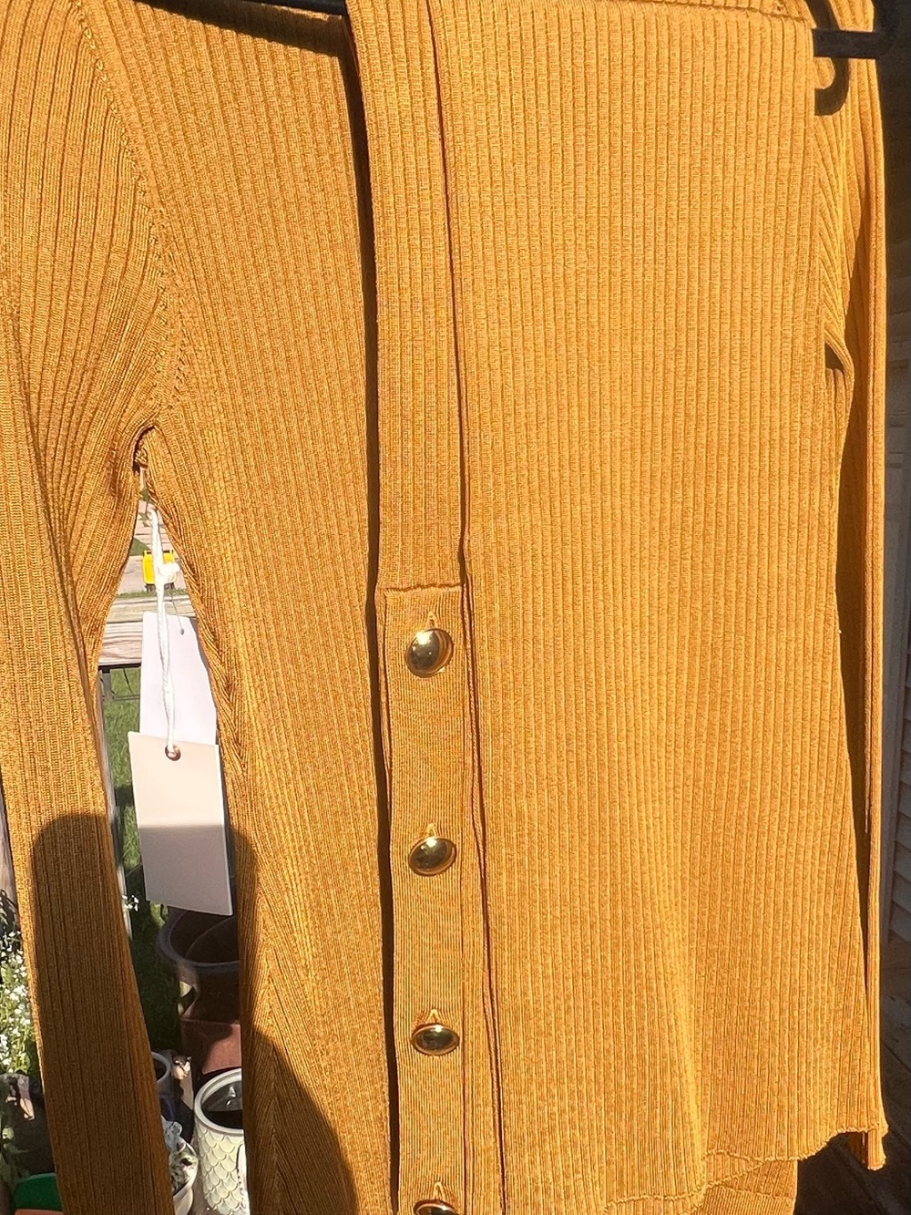 Good American “Golden Rod” Mustard Ribbed Button-Front Cardigan